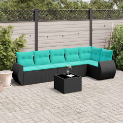Conjunto de sofá de jardim com 7 peças e almofadas em rattan sintético preto