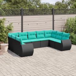 Conjunto de sofá de jardim de 9 peças com almofadas em rattan sintético preto