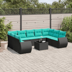 Conjunto de sofá de jardim com 10 peças e almofadas em rattan sintético preto