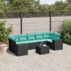 Conjunto de sofá de jardim com 8 peças e almofadas em rattan sintético preto