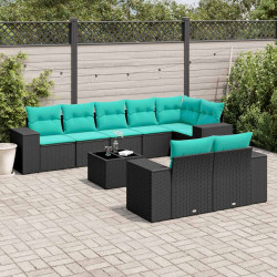 Conjunto de sofá de jardim de 9 peças com almofadas em rattan sintético preto