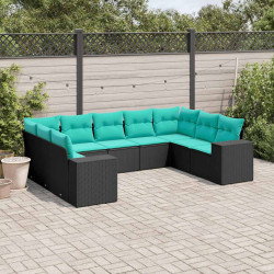 Conjunto de sofá de jardim de 9 peças com almofadas em rattan sintético preto