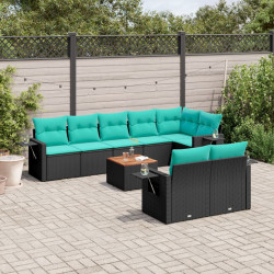Conjunto de sofá de jardim de 9 peças com almofadas em rattan sintético preto