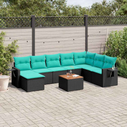 Conjunto de sofá de jardim de 9 peças com almofadas em rattan sintético preto