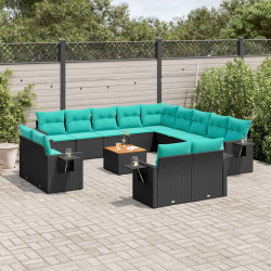 Conjunto de sofá de jardim com 14 peças e almofadas em rattan sintético preto
