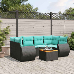 Conjunto de sofá de jardim com 7 peças e almofadas em rattan sintético preto