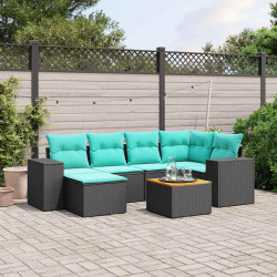 Conjunto de sofá de jardim com 7 peças e almofadas em rattan sintético preto