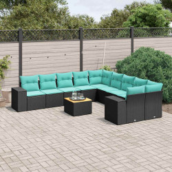 Conjunto de sofá de jardim com 11 peças e almofadas em rattan sintético preto