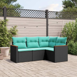 Conjunto de sofá de jardim com 4 peças e almofadas em rattan sintético preto