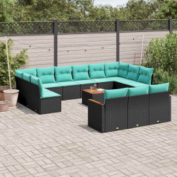 Conjunto de sofá de jardim com 14 peças e almofadas em rattan sintético preto