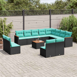Conjunto de sofá de jardim com 13 peças e almofadas em rattan sintético preto