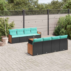 Conjunto de sofá de jardim de 9 peças com almofadas em rattan sintético preto