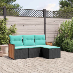 Conjunto de sofá de jardim com 4 peças e almofadas em rattan sintético preto