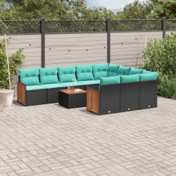 Conjunto de sofá de jardim com 11 peças e almofadas em rattan sintético preto