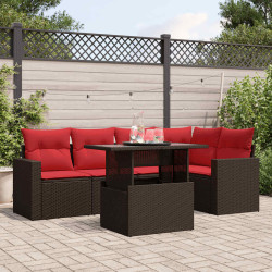 Conjunto de sofá de jardim com 6 peças e almofadas em rattan sintético marrom