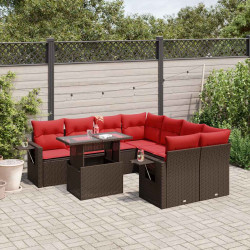 Conjunto de sofá de jardim com 9 peças e almofadas em rattan sintético marrom