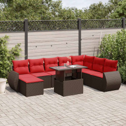 Conjunto de sofá de jardim com 9 peças e almofadas em rattan sintético marrom