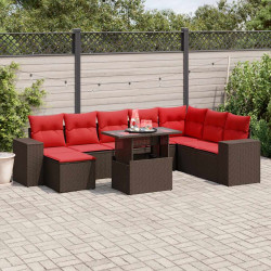 Conjunto de sofá de jardim com 9 peças e almofadas em rattan sintético marrom