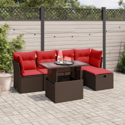 Conjunto de sofá de jardim com 6 peças e almofadas em rattan sintético marrom