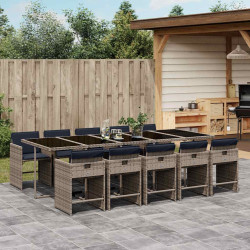 Conjunto de jantar para jardim com 11 peças e almofadas, em rattan sintético cinza