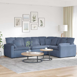 Sofá modular com almofadas em tecido de veludo cotelê azul