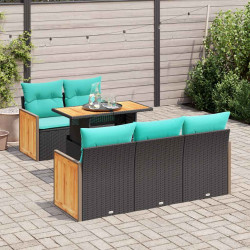 Conjunto de sofá de jardim com 6 peças e almofadas, em rattan sintético preto e acácia