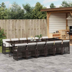 13 Pcs conjunto jantar p/ jardim c/ almofadões vime PE castanho