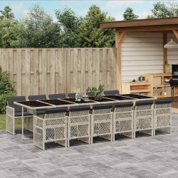 13 Pcs conj. jantar jardim c/ almofadões vime PE cinzento-claro