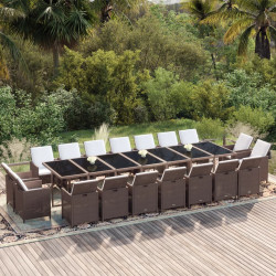 19 Pcs conjunto jantar p/ jardim c/ almofadões vime PE castanho