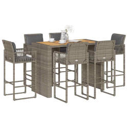 7 Pcs conj. de bar jardim c/ almofadões vime PE/acácia cinzento