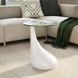 Mesa de centro com tampo redondo de vidro, branco brilhante