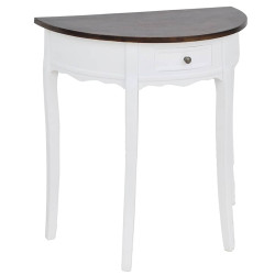 Mesa consola meia-lua com gaveta e tampo castanho