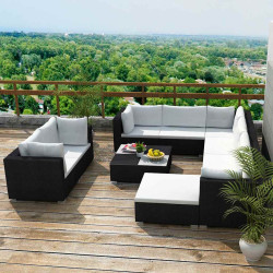 10 Pcs conjunto lounge de jardim c/ almofadões vime PE preto