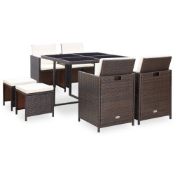 9 Pcs conjunto jantar exterior c/ almofadões vime PE castanho
