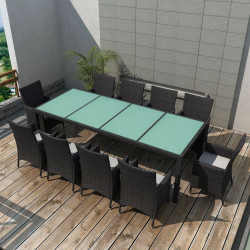 11 Pcs conjunto jantar exterior com almofadões vime PE preto