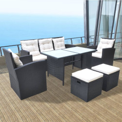 6 Pcs conjunto jantar exterior com almofadões vime PE preto
