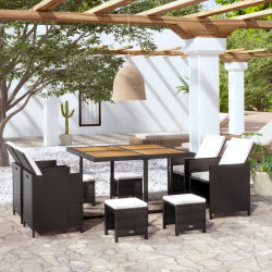 9 Pcs conjunto jantar p/ exterior vime e madeira acácia preto