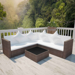 4 Pcs conjunto lounge jardim c/ almofadões vime PE castanho