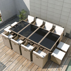 13 Pcs conjunto jantar exterior com almofadões vime PE bege