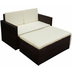 2 Pcs conjunto lounge jardim c/ almofadões vime PE castanho