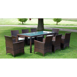 9 Pcs conjunto jantar exterior c/ almofadões vime PE castanho