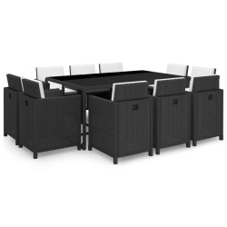 11 Pcs conjunto jantar exterior com almofadões vime PE preto