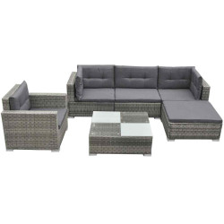 6 Pcs conjunto lounge de jardim c/ almofadões vime PE cinzento