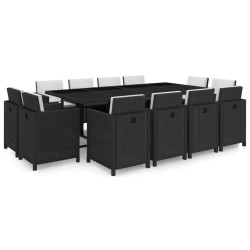 13 Pcs conjunto jantar exterior com almofadões vime PE preto