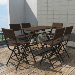 7 Pcs conjunto de jantar dobrável jardim aço e vime PE castanho