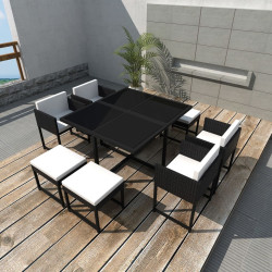 9 Pcs conjunto jantar exterior com almofadões vime PE preto