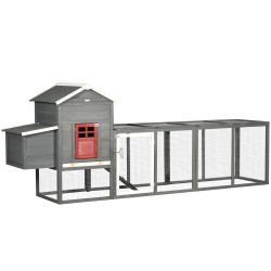 Galinheiro grande de madeira 300x66x116 cm com ninho, corredor bandeja removível telhado asfáltico rampa 297,5x68x118 cm branco e cinza