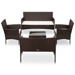 5 Pcs conjunto lounge jardim c/ almofadões vime PE castanho