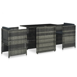 3 Pcs conjunto bistrô com almofadões vime PE cinzento