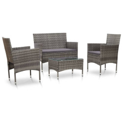 4 Pcs conjunto lounge de jardim c/ almofadões vime PE cinzento